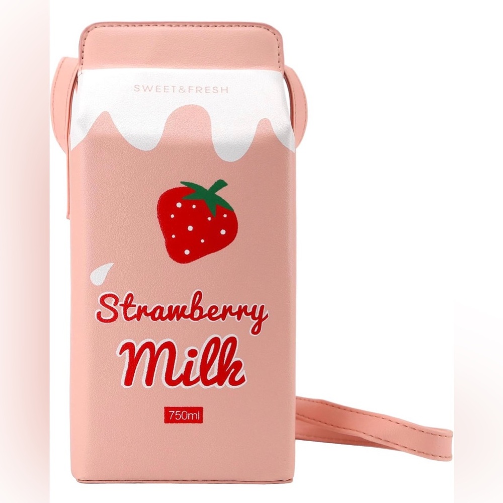 Pink Strawberry Milk Carton Crossbody Bag Purse Novelty Fun Whimsical Festival